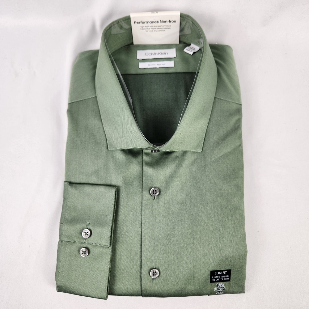 NWT Calvin Klein Men's Slim Fit Dress Shirt Hunter Green XXL (18-18.5, 34/35)